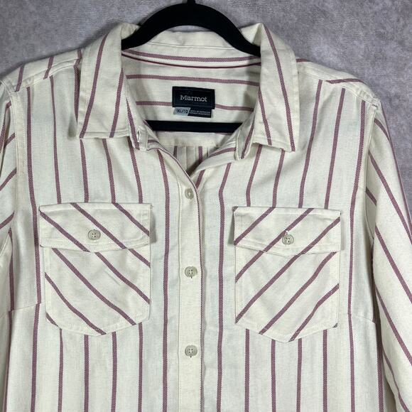 Marmot Shirt‎ Womens Size XL Cream Red Striped Button Up Long Sleeve Casual - Picture 2 of 9